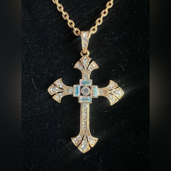 Vatican Library Gold-Tone Cross Necklace w/ Sparkling Rhinestones - Picture 1 of 16